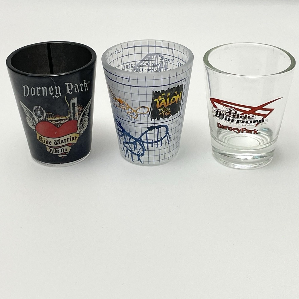 Set Of 3 Dorney Park Shot Glasses Ride Warriors Talon Roller Coaster Souvenirs